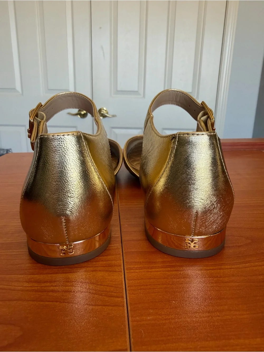 Sam Edelman Gold and Black Quilted Insole Ankle-Strap Flats NWOT